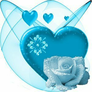 un coeur rose, avec un voile bleu et une rose bleu
